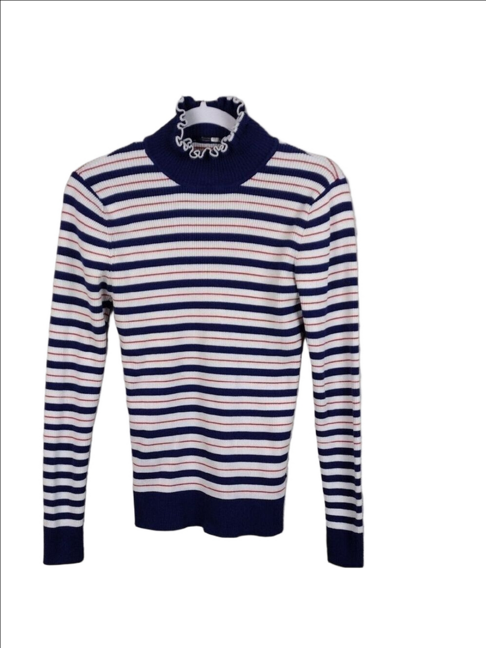 Scotch & Soda Red White Blue Striped Mock Neck Long Sleeve Ribbed Knit Top